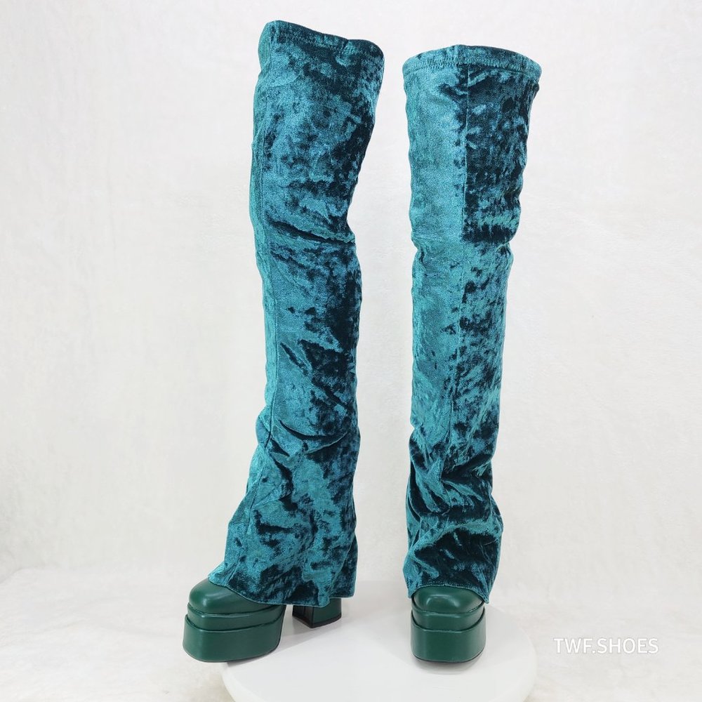 Good Will Unique Thigh High Emerald Velvet Fold over Chunky Heel Platform Boots - Picture 7 of 15